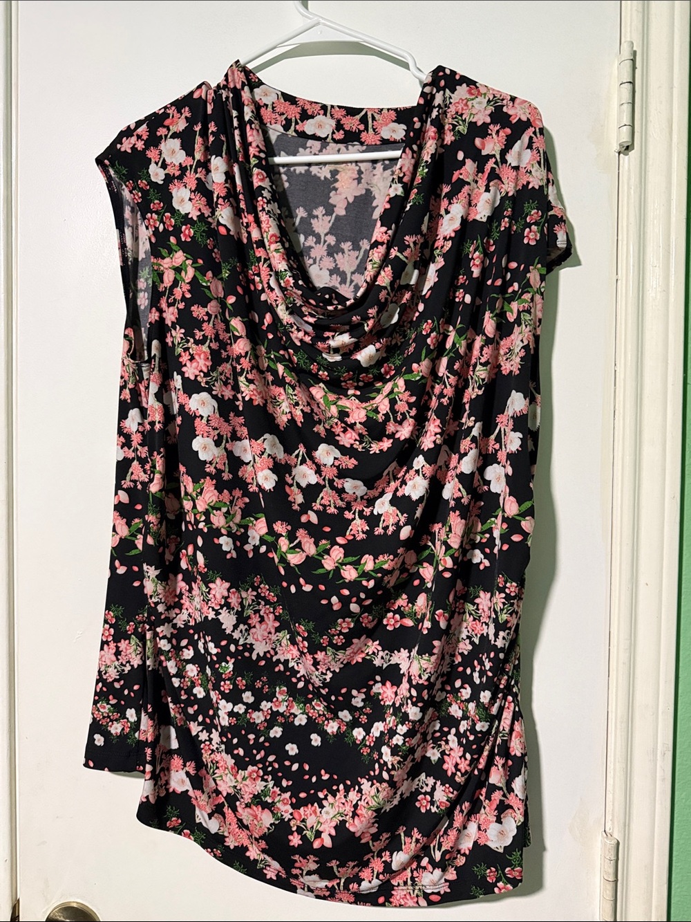 Worthington Black Floral Draped Neck Sleeveless Blouse